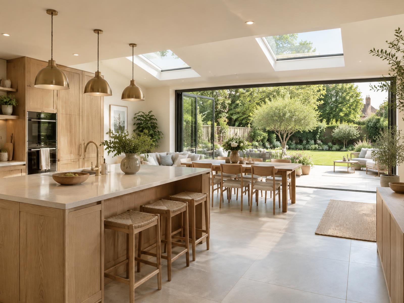 Light-filled kitchen and family extension opening onto a landscaped garden